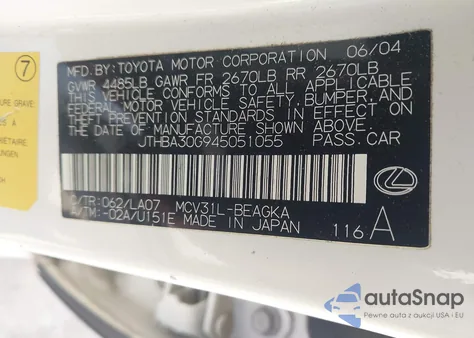 2004 Lexus Es 330 from USA, damaged, VIN JTHBA30G945051055